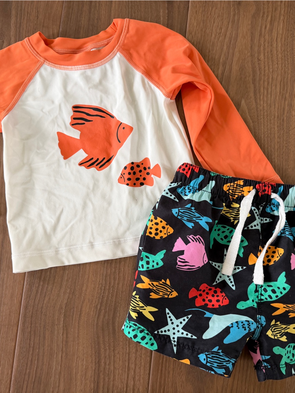 Hanna Andersson Orange White Fish Rash Guard & Multicolor Swim Shorts